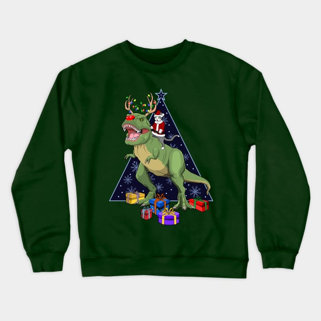 Santa Cat Riding Red Nosed T Rex Dinosaur Christmas Crewneck Sweatshirt by RongWay